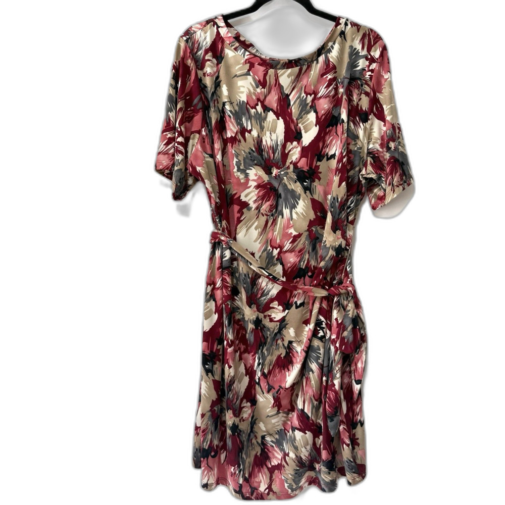 C J Banks Women 3X Plus Floral Dress Red Tan Stretch Short Sleeve Belted